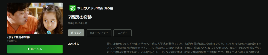 Huluで韓国映画「7番房の奇跡」が見放題配信されていることを表す画像