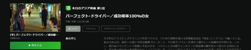 huluで韓国映画「パーフェクト・ドライバー」が見放題配信されていることを表す画像