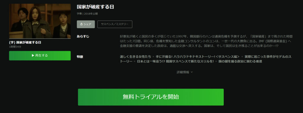 huluで韓国映画「国家が破産する日」が見放題配信されていることを表す画像